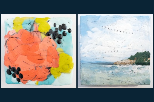"Untitled Mini #3" & "Summer Vacation" encaustic and oil stick by Jodie Sutton