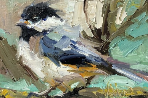 "Spring Chickadee" by Regina Willard with oil on panel