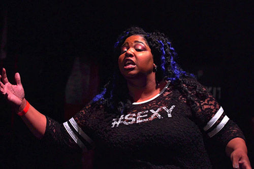 Sheri Purpose Hall performing her Irregular Rape Poem