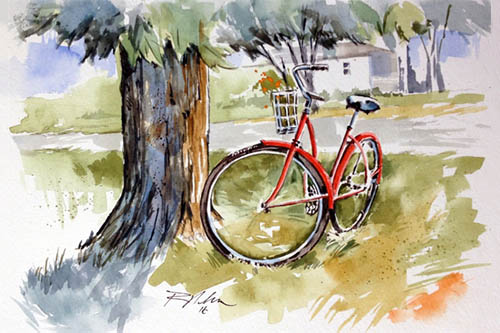 "Red Bike" by Russel Nelson with watercolor