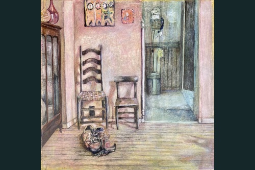 Teri Moore - COVID Times Shoes - colored pencil on wood